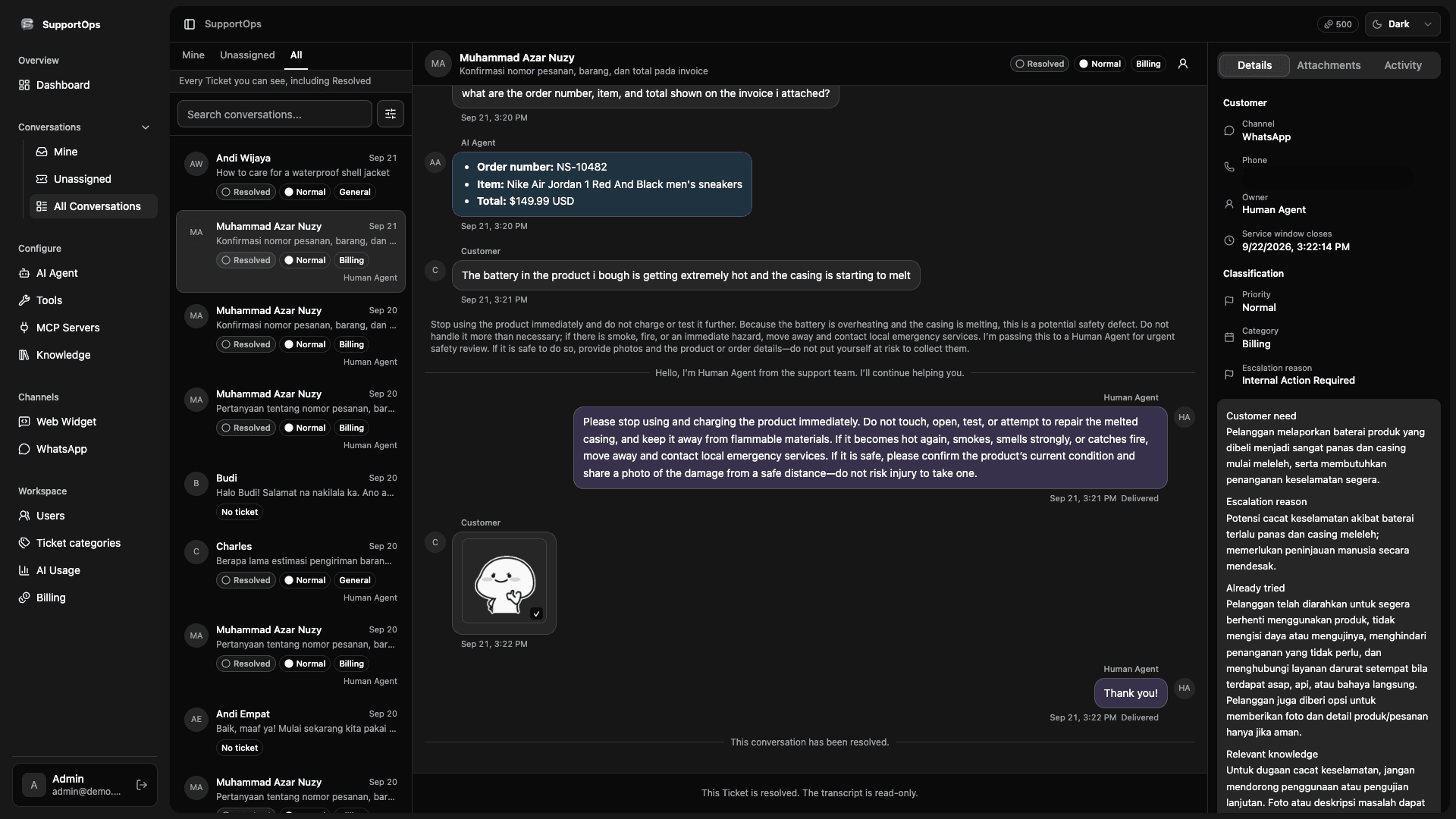 SupportOps ticket workspace with conversations, AI assistance, and customer details