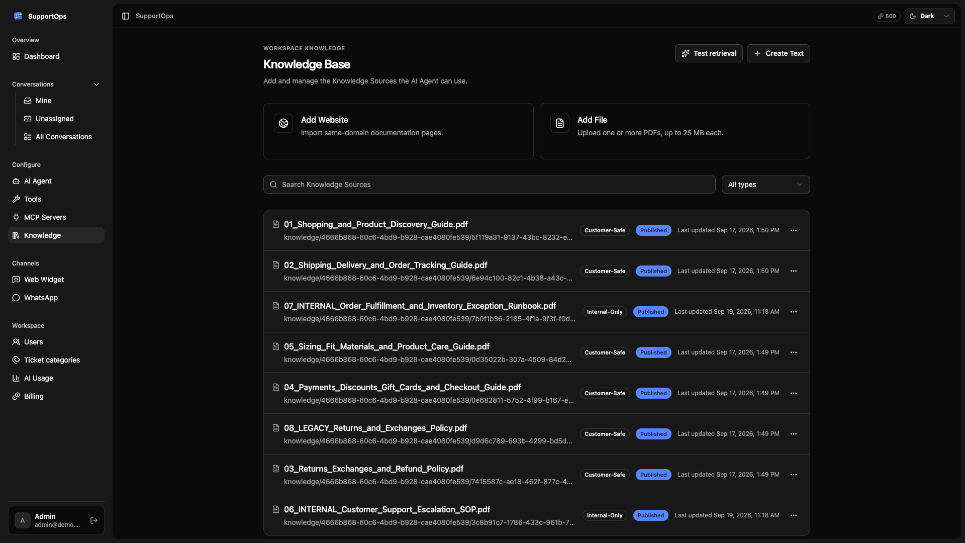 SupportOps knowledge base powering AI answers