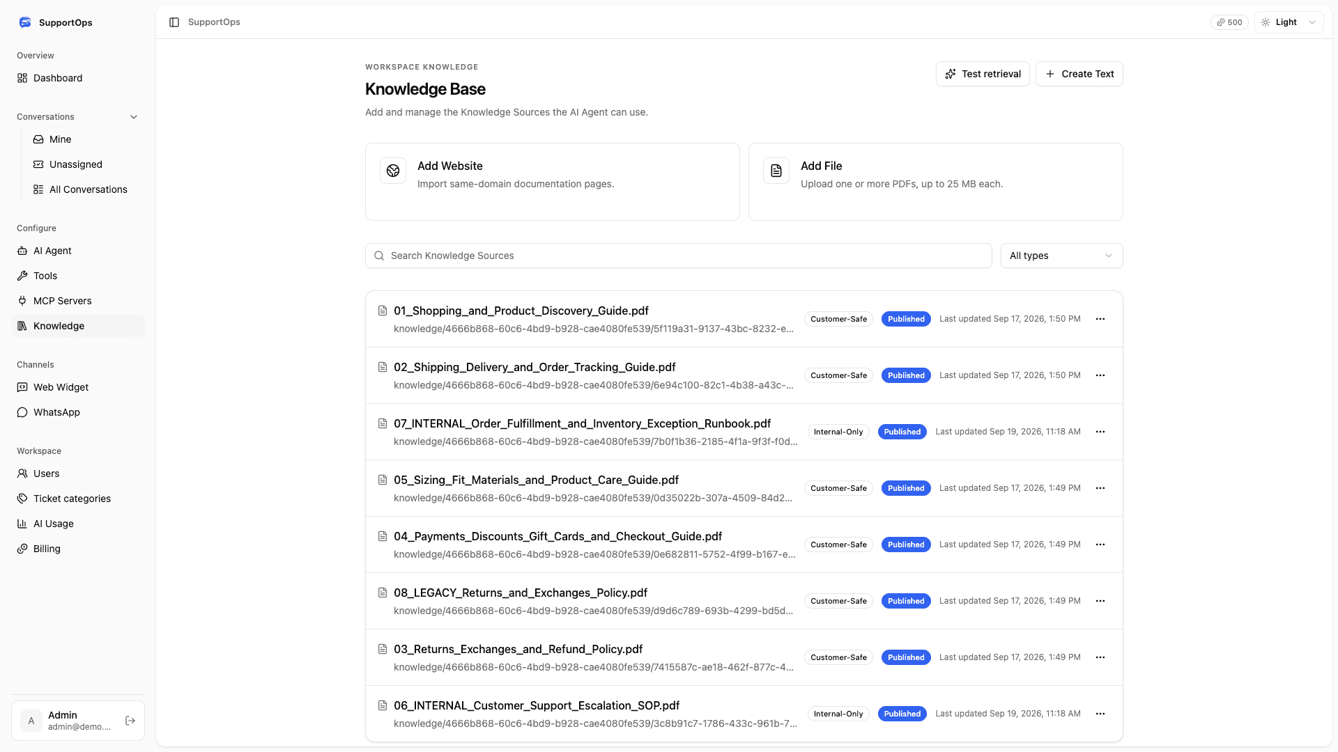 SupportOps knowledge base powering AI answers