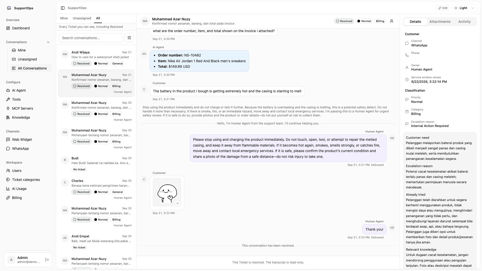 SupportOps ticket workspace with conversations, AI assistance, and customer details